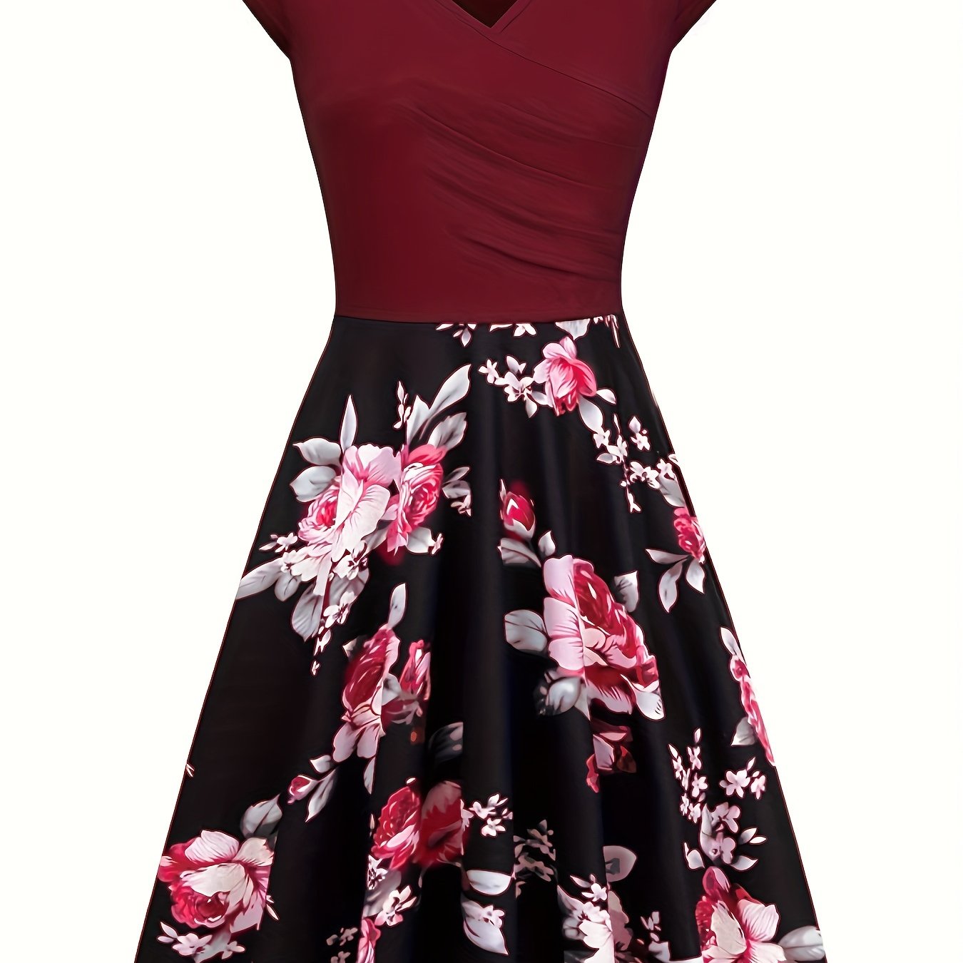 Charming Floral Print V-Neck Dress - Stylish & Flowy Short Sleeve Style - Perfect for Spring & Summer - Womens Casual to Formal Wear