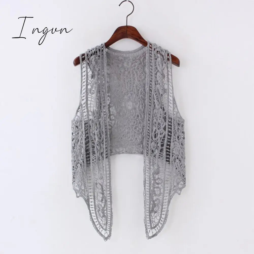 Ingvn - Asymmetric Open Stitch Cardigan Summer Beach Boho Hippie People Style Crochet Knit Embroidery Blouse sleeveless Vest