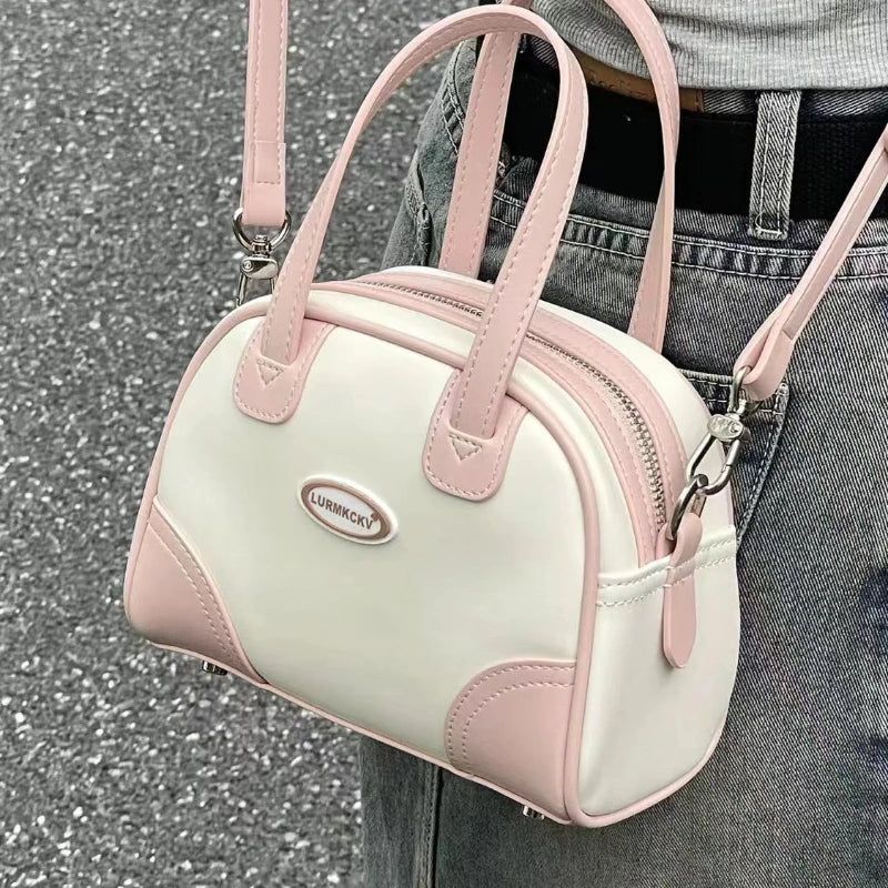 INGVN  Sweet Cute Handbags for Women Pu Leather Letter Pink White Boston Crossbody Bag New Vintage Elegant Bowling Shoulder Bag