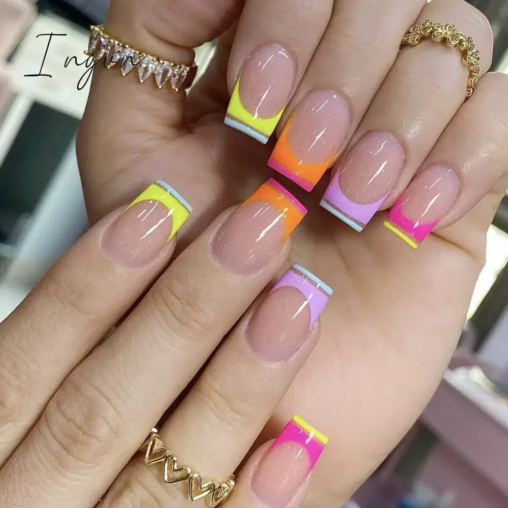 24pcs Mid-length Simple Smudged False Nails Wearable French Ballerina Fake Nails Full Cover Nail Tips Set Press On Nails