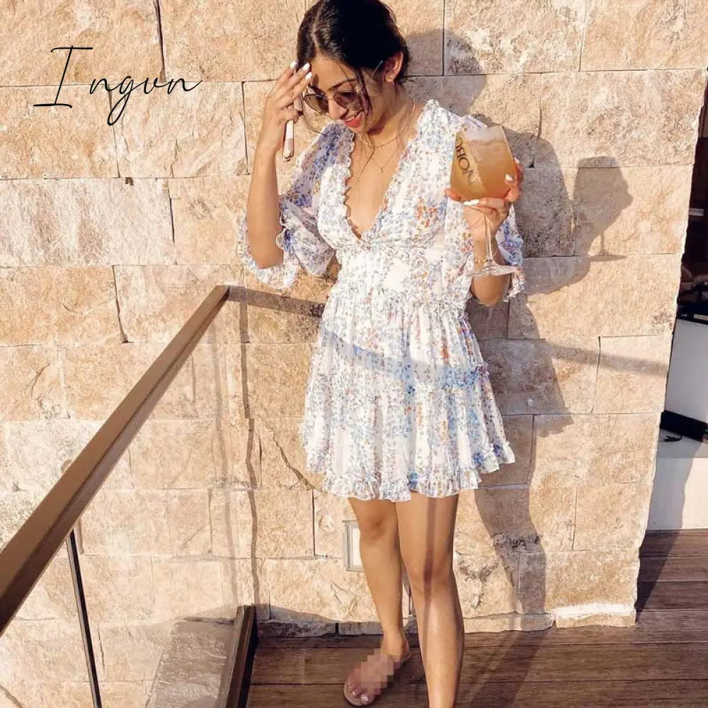 Ingvn - Harlow Floral Print Ruffle Dress women backless V-neck dress women mini summer dress ladies party dress