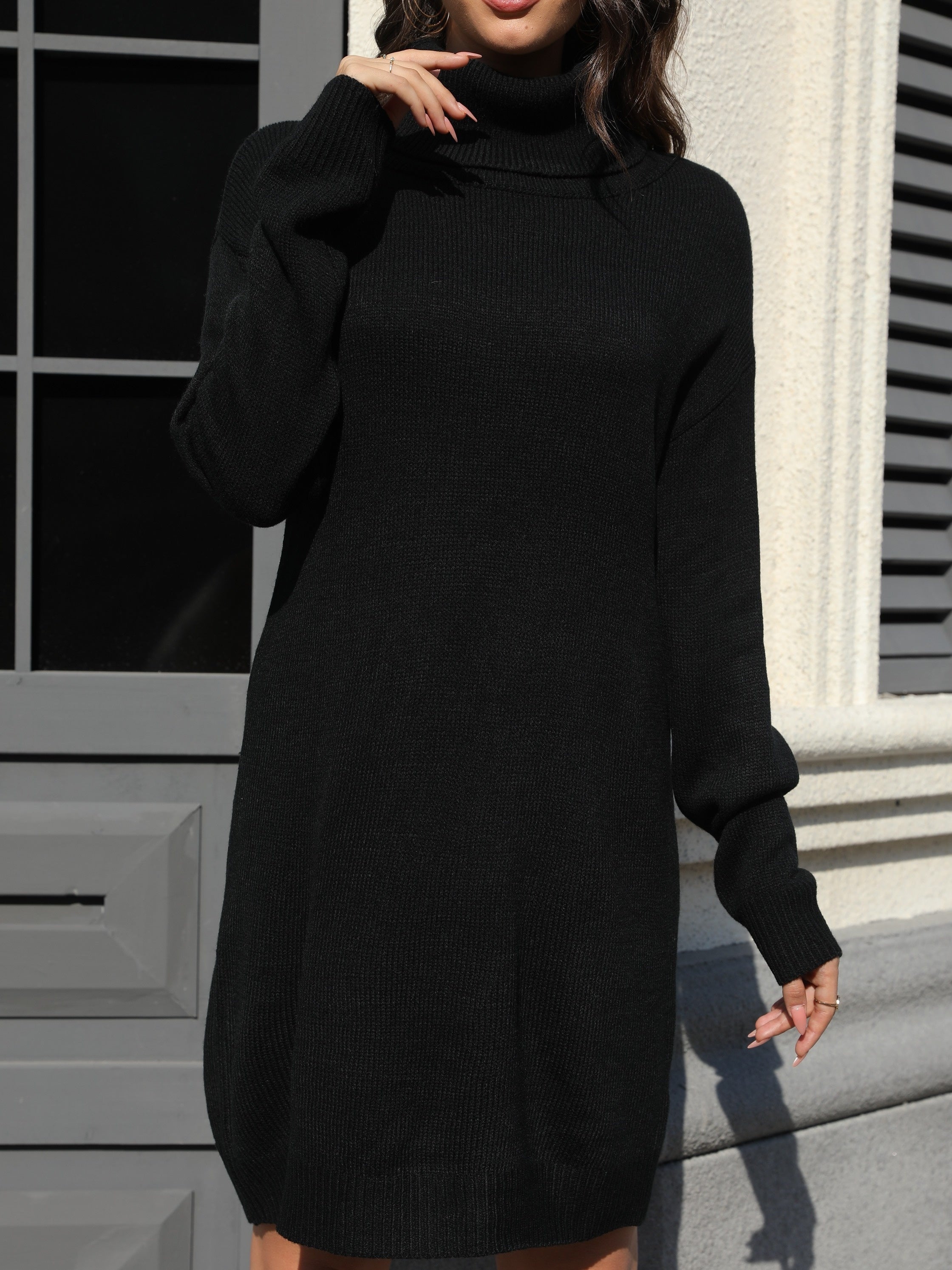 Cozy Solid Color Turtleneck Knit Dress - Versatile Casual Style - Long Sleeve, Soft Fabric, Figure-Hugging - Womens Winter Wardrobe Essential
