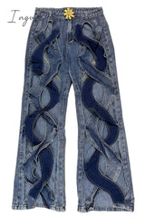 Ingvn - Street Solid Hollowed Out High Waist Straight Denim Jeans