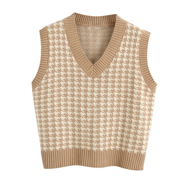Women  Fashion Oversized Houndstooth Knitted Vest Sweater Vintage Sleeveless Side Vents Female Waistcoat Chic Tops