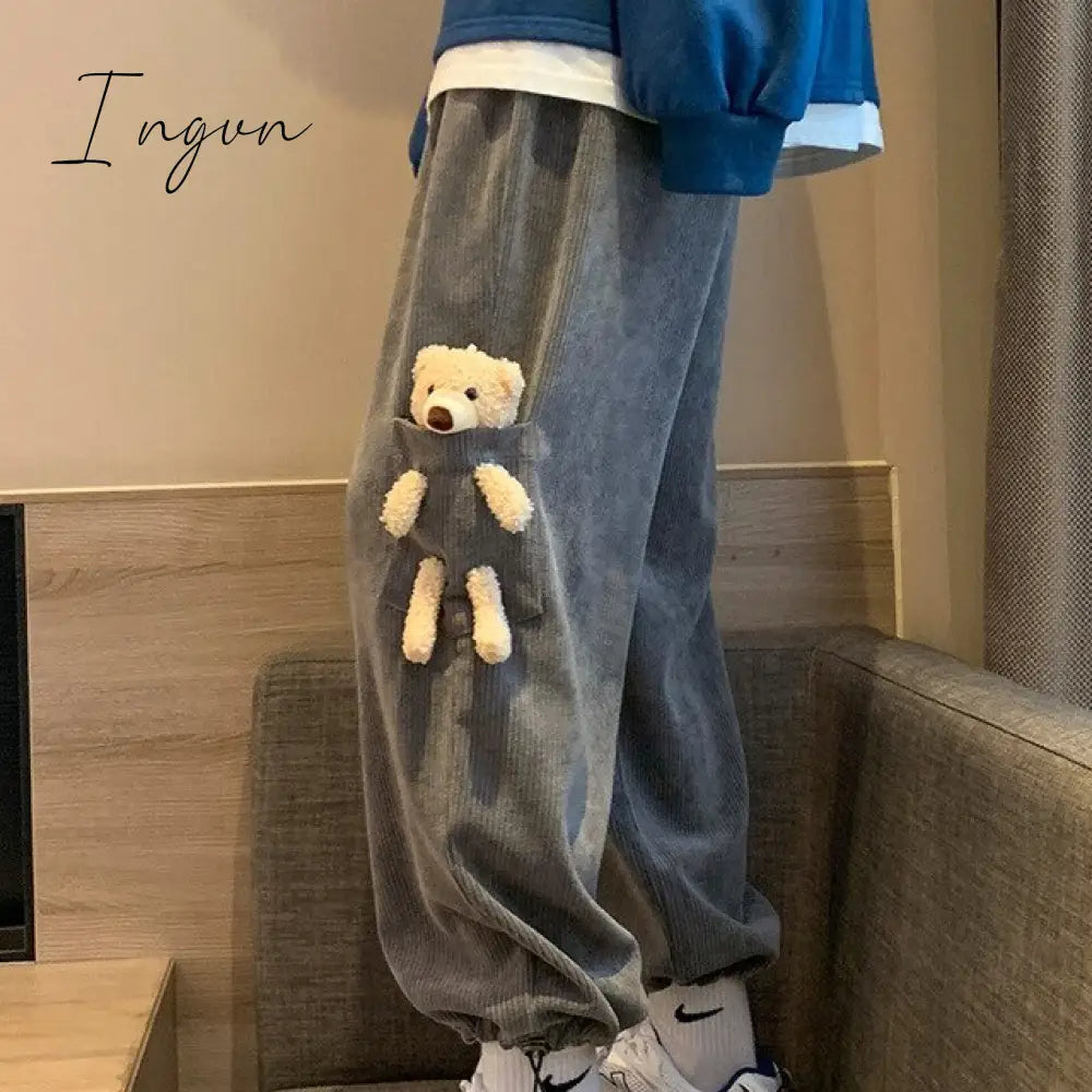Ingvn - Trendy Loose Corduroy Bear Guard Pants Spring and Autumn Pants Male Ins Hong Kong Wind All-match Casual Pants Street Wear Pants
