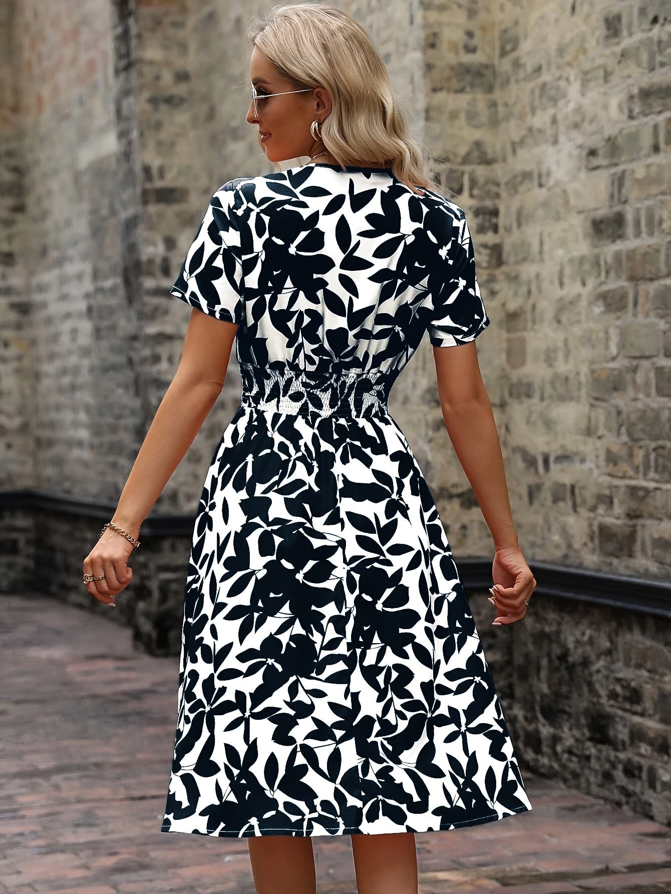 Blooming Floral Wrap Neck Dress - Elegant Short Sleeve, V-Neck, A-Line Silhouette, Spring & Summer Essential, Women's Clothing for Chic Occasions