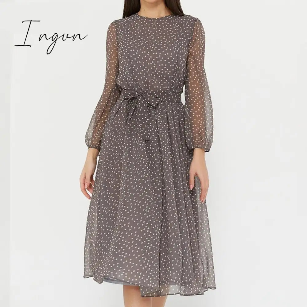 Ingvn - Summer Outfits Fashion Trends Elegant Dot Print Long Sleeve Polka Dress O Neck Chiffon A Line Women Casual Dress Vintage Midi Vestidos
