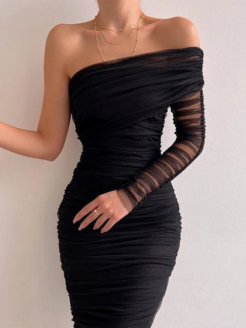 See Through Mesh Midi Dresses For Women Fold Sexy Slim Cocktail Dress Woman Wedding Bodycon Off Shoulder Dress Women's