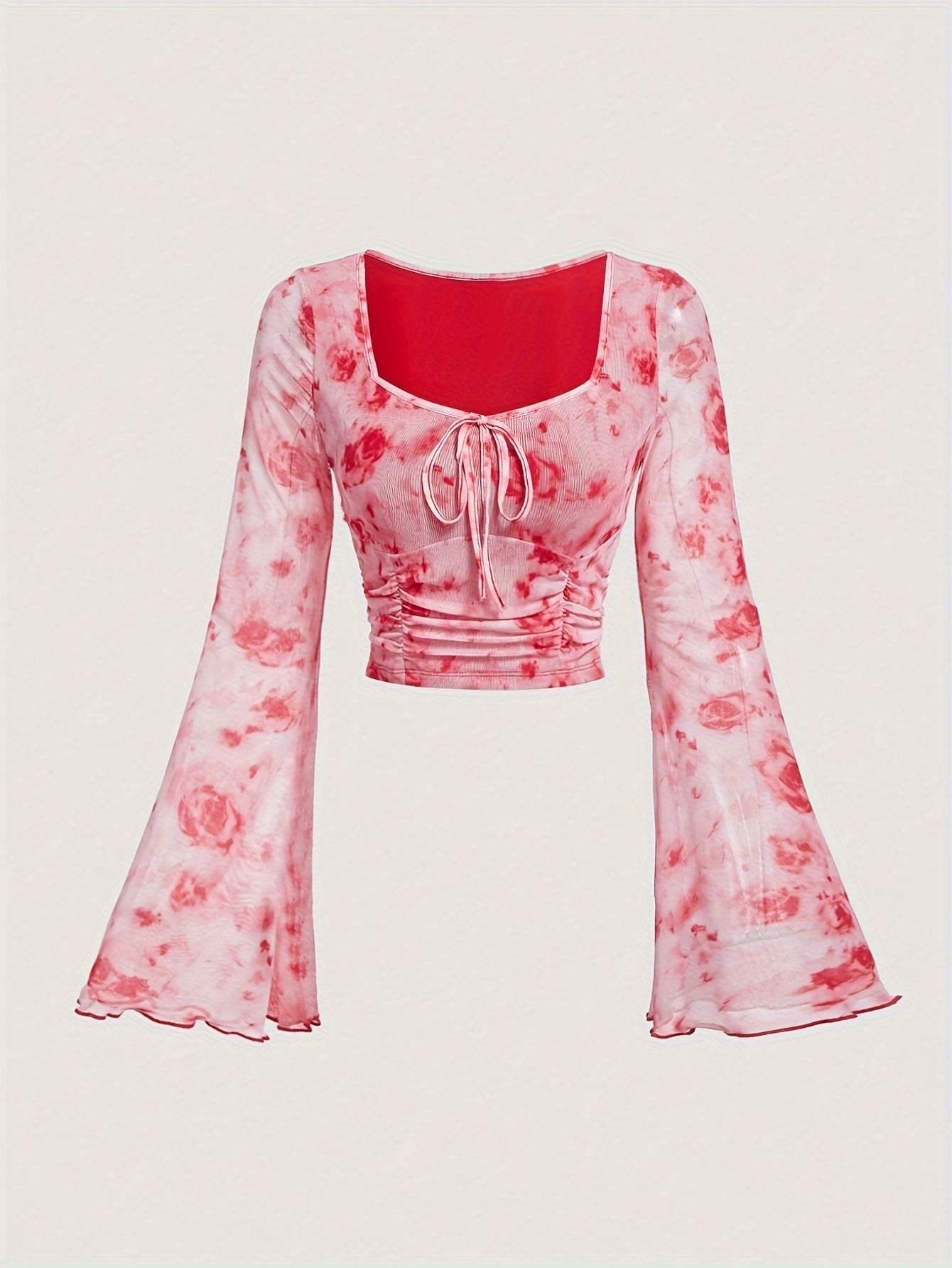 Trendy Tie Dye Print Ruched T-Shirt - Flattering Long Flare Sleeves, Casual Chic Top for Spring and Fall, Coquette Y2K Style Women's Clothing with Relaxed Fit and Soft Fabric