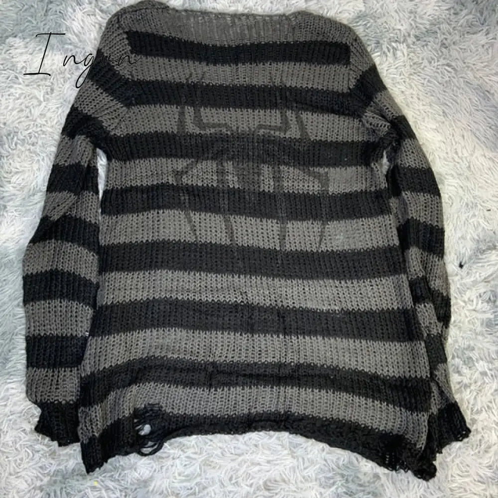 Ingvn - Plus Size Punk Gothic Long Unisex Sweater Dress Women Man Striped Cool Hollow Out Hole Broken Jumper Loose Rock Thin Sweter