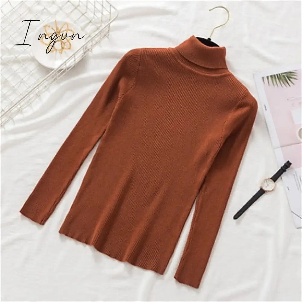 Ingvn - Women's Pullover Sweater Jumper Jumper Ribbed Knit Knitted Thin Solid Color Turtleneck Basic Casual Daily Winter Fall caramel Black One-Size