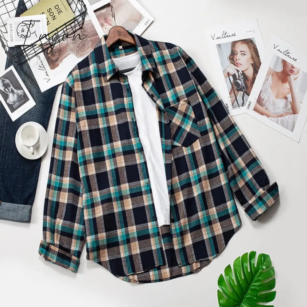 Ingvn - Plaid Shirts Womens Blouses Long Sleeve Lady Checked Tops Loose Female Outwear Casual Clothes Spring Autumn News