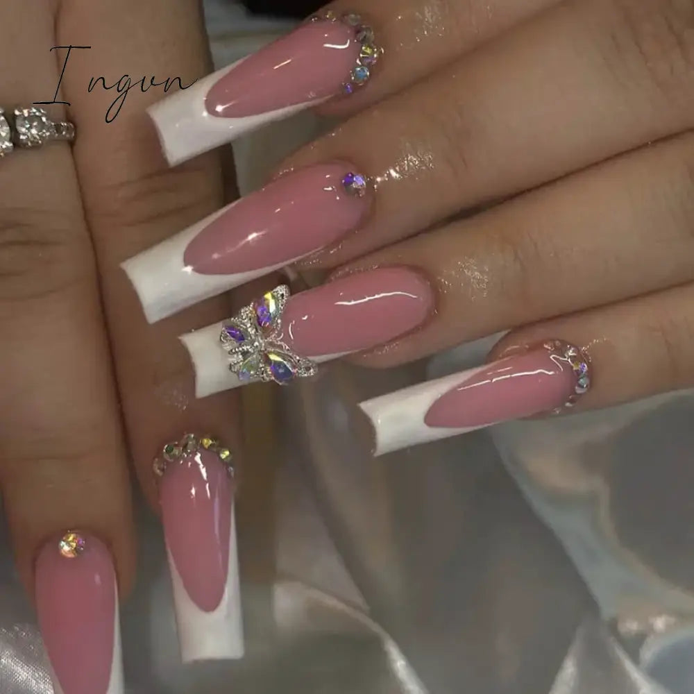 24pcs French rhinstones artifical nails with glue full cover false nails detachable coffin fake nail bling press on nails