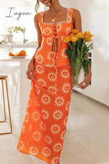 Ingvn - Sexy Floral Frenulum Slit Square Collar Sleeveless Two Pieces