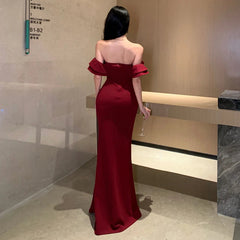 Vintage Red Sexy Backless Long Dresses Women Summer Elegant High Split Ruffles Luxury Evening Party Off Shoulder Female Clothing