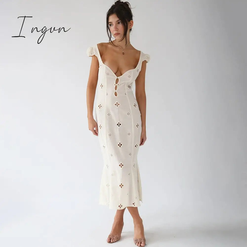Ingvn - Square Collar Black Mini Dresses 2023 Summer Sexy High Waist Short Sleeve Beachwear Bodycon Hollow Out Sundress Female Ingvn
