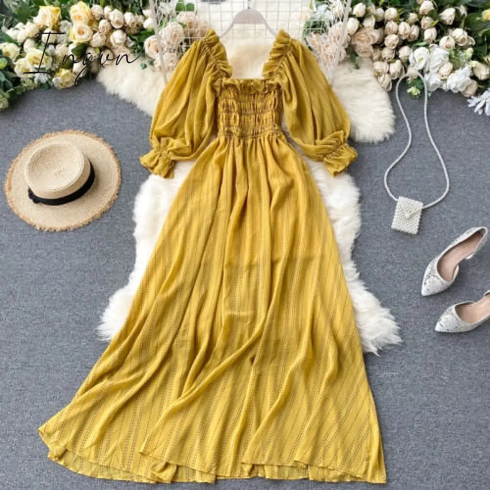 Ingvn - Summer Beach Chiffon Long Dress Elegant Solid Lantern Sleeve High Waist Women Maxi Dress Party Club Ladies Vestidos New