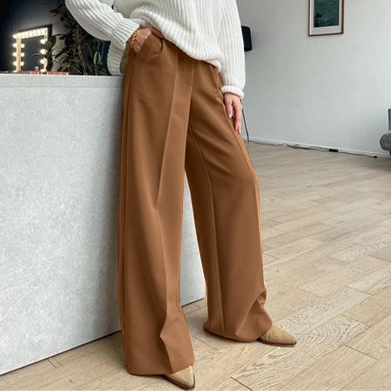 Voguable  Women High Waist Pants Casual Loose Office Lady Trousers Spring Summer New Fashion Solid Wide Leg Floor-Length Pants Female