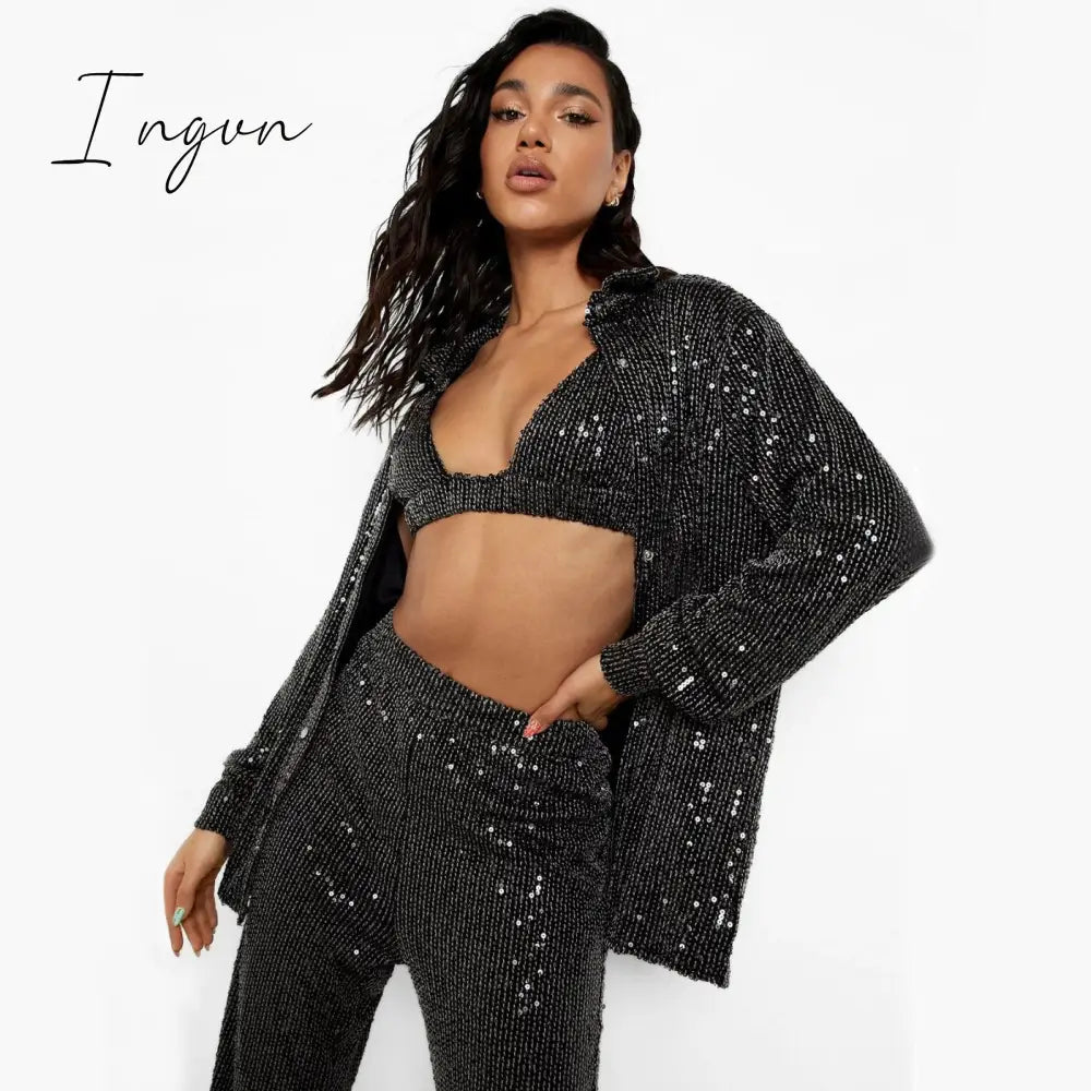 Ingvn - Sparkly Two-piece Set Party Outfits For Womens Sequin Top Blouse Shirt And Pants Suit Female Luxury Evening Tracksuit New