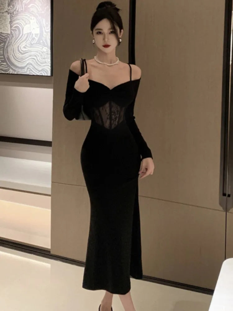 French Sexy Bodycon Knitted Mermaid Dresses Women Hollow Out Spaghetti Strap Corset Slim Waist Evening Party Dress Prom Vestidos