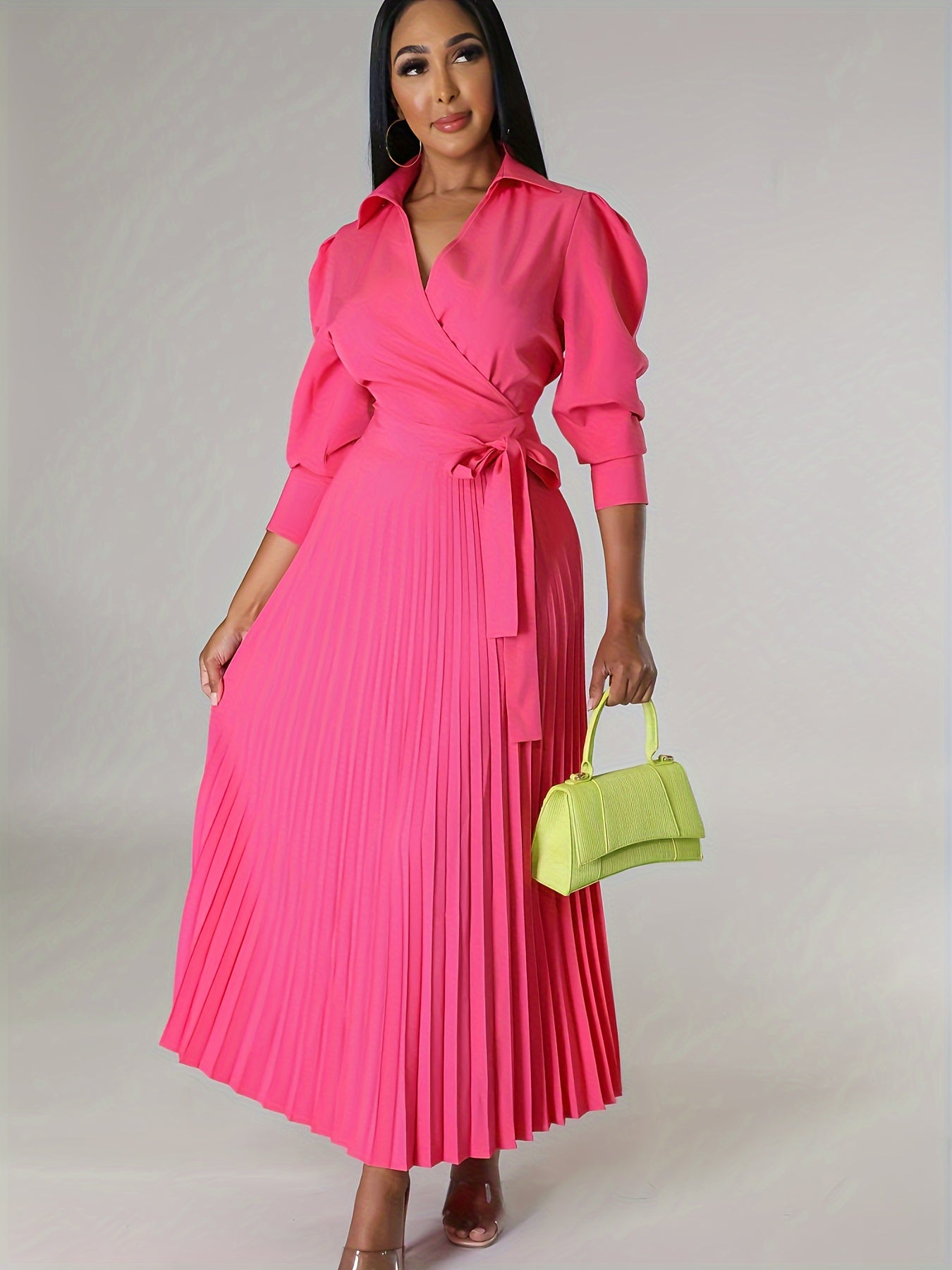 Solid Pleated Dress, Elegant Knotted V Neck 3/4 Sleeve Dress, Women's Clothing