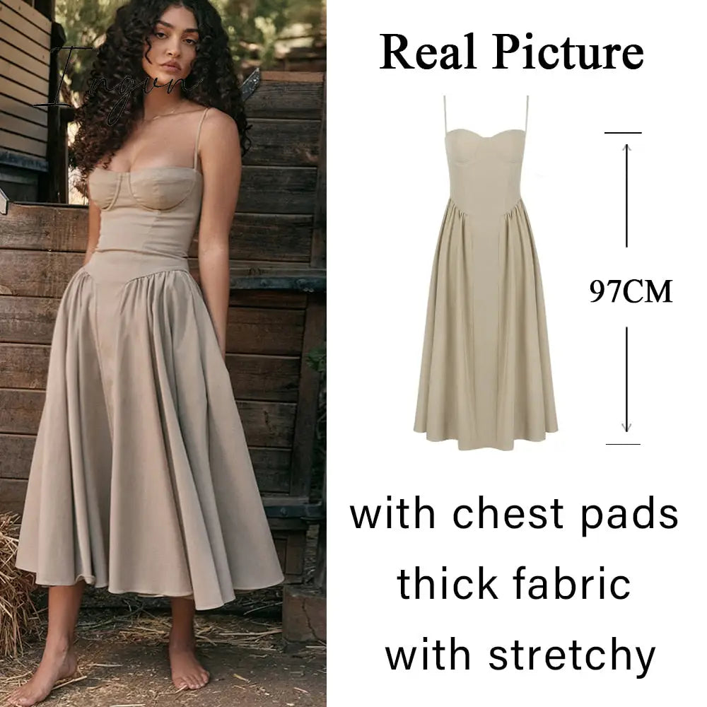 Ingvn - Summer Elegant Midi A Line Dress Lovely V Neck Spagehetti Strap Holiday Party Dress Casual Women New Arrivals 2023
