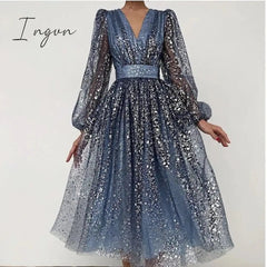 Ingvn - Elegant Long Sleeve Pattern Print Party Dress Summer Women Fashion V-Neck Patchwork Maxi Dress Lady Sexy Hollow Out Office Dress