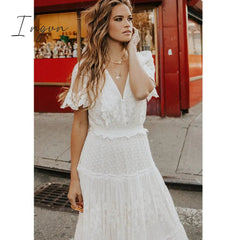 Ingvn - Hollow Out White Dress Sexy Women Long Lace Dress Cross Semi-Sheer Plunge V-Neck Short Sleeve Lace Maxi Dress