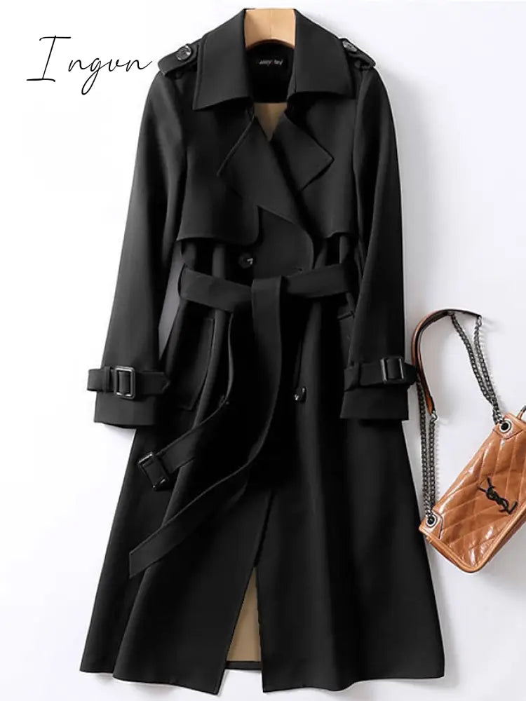 Ingvn - Women's Trench Coat Long Solid Color  Patchwork Coat Black Blue Camel Beige Daily Fall Single Breasted Regular Fit S M L XL XXL 3XL