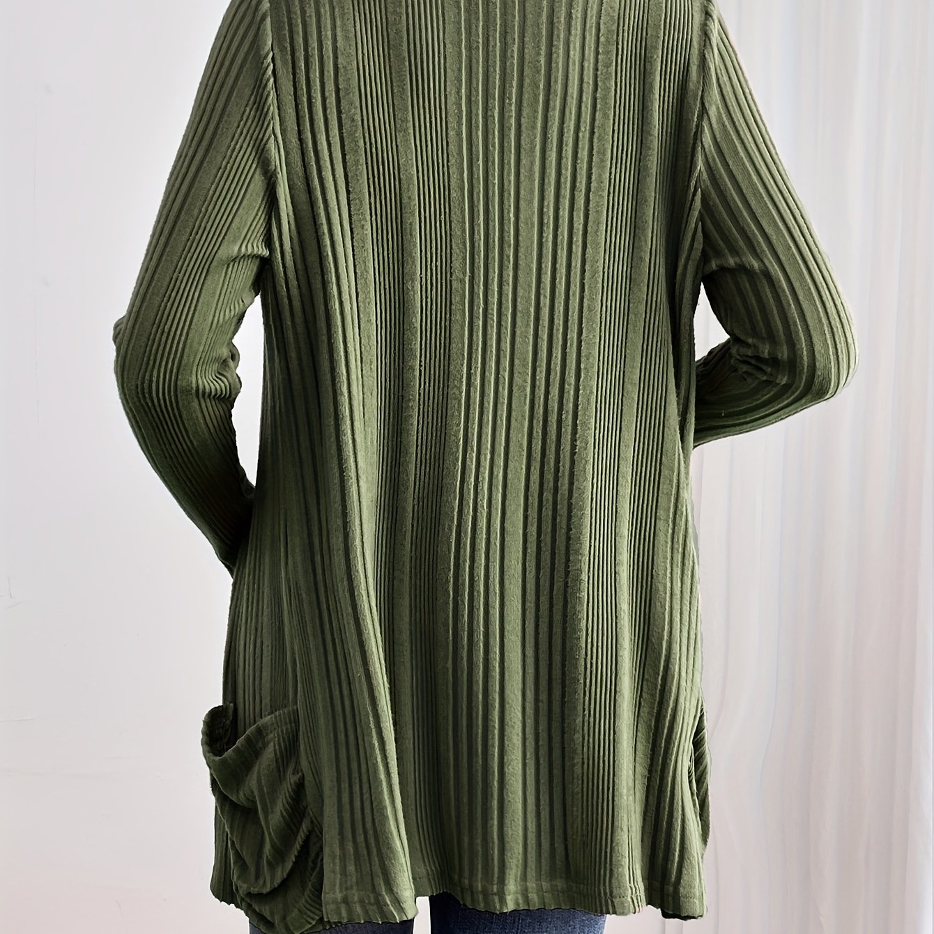 Solid Open Front Rib Knit Cardigan, Casual Long Sleeve Slim Cardigan With Pocket, Women's Clothing