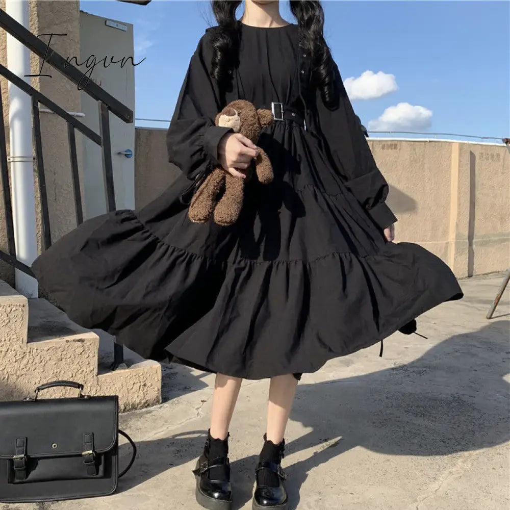 Ingvn - Gothic Style Dress Women Harajuku Gothic Lolita Kawaii Dress Punk Cute Long Sleeve Black Midi Dress Emo Mall Goth