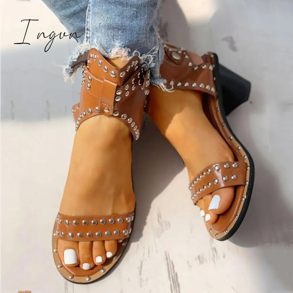 Ingvn - Open Toe Rivet Chunky Heeled Sandals For Women