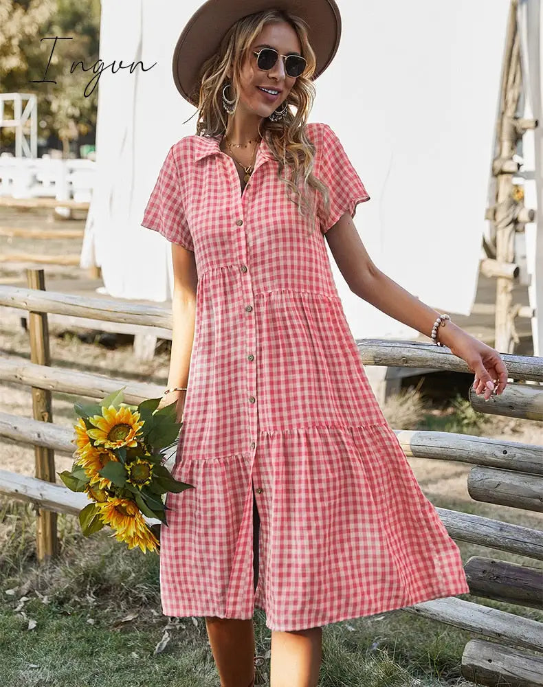 Ingvn - New Ladies Vintage Boho Summer Dress Women Midi Casual Loose Holiday Plaid Beach Shirt Dress Women Sundress Female Robe Vestidos