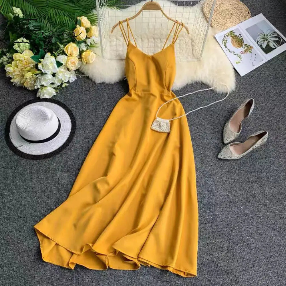 Ingvn - New-Coming Spring Summer Holiday Long Dress Cross Spaghetti Strap Open Back Beach Style Ankle-Length Women Dresses