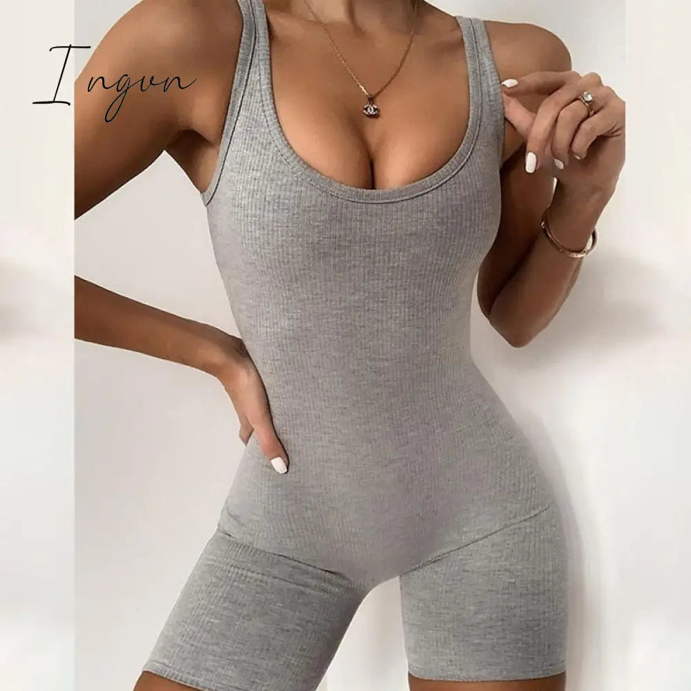 Ingvn - Fashion Trends Summer Women Sexy Jumpsuit Streetwear Sleeveless Bodycon Solid Knitted Sport Playsuits Romper Overalls For Women