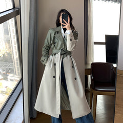 Women's Coat Spring Autumn Windbreaker Jacket Female Green Trench Quality Clothing Leather Stitching Windproof Long Ladies Cloak