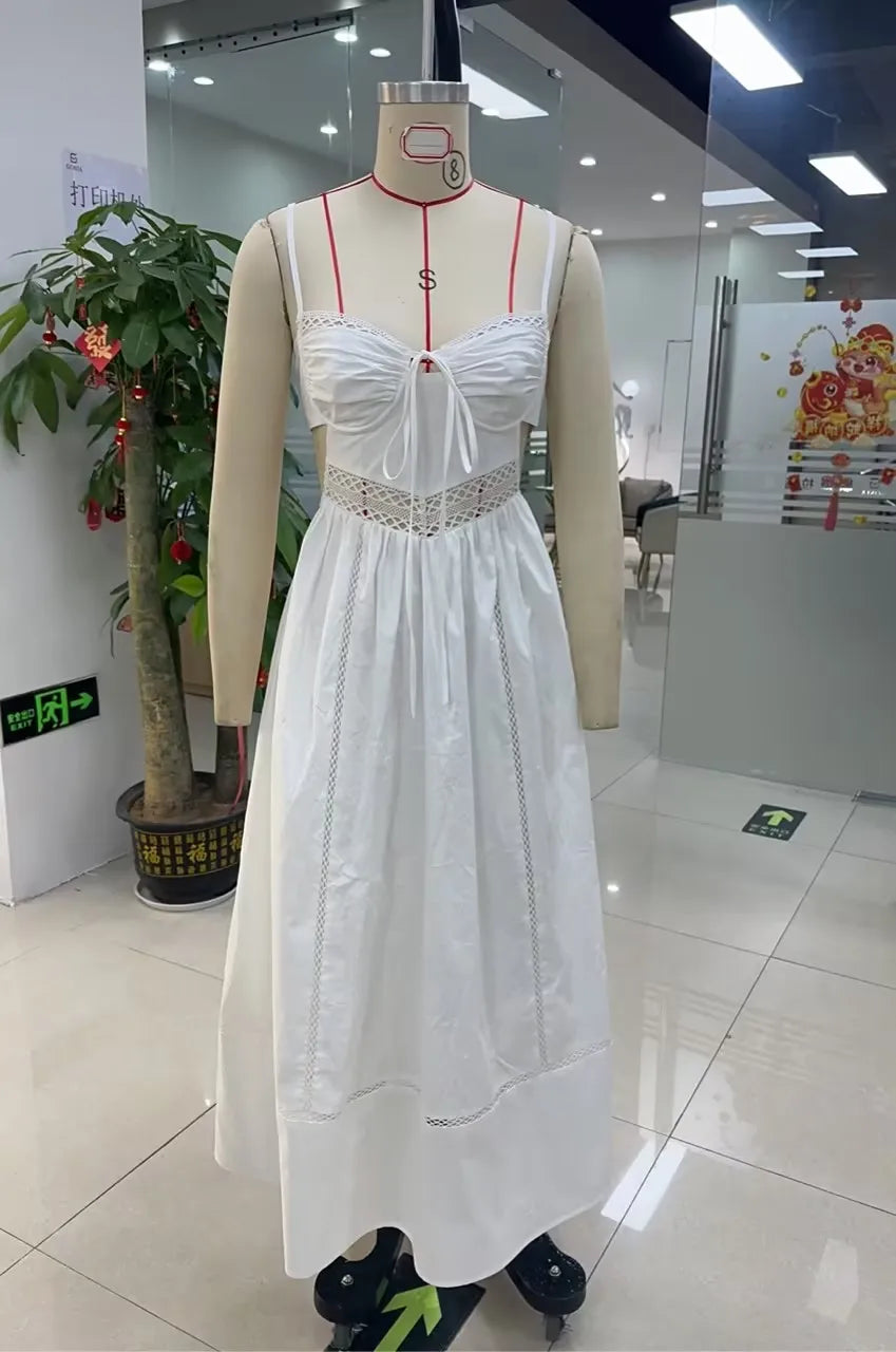 Women Hollowed Long Cami Dress with Bow Tie-up Sweetheart Neck Cut Out Back Spaghetti Strap Dress for Daily Party