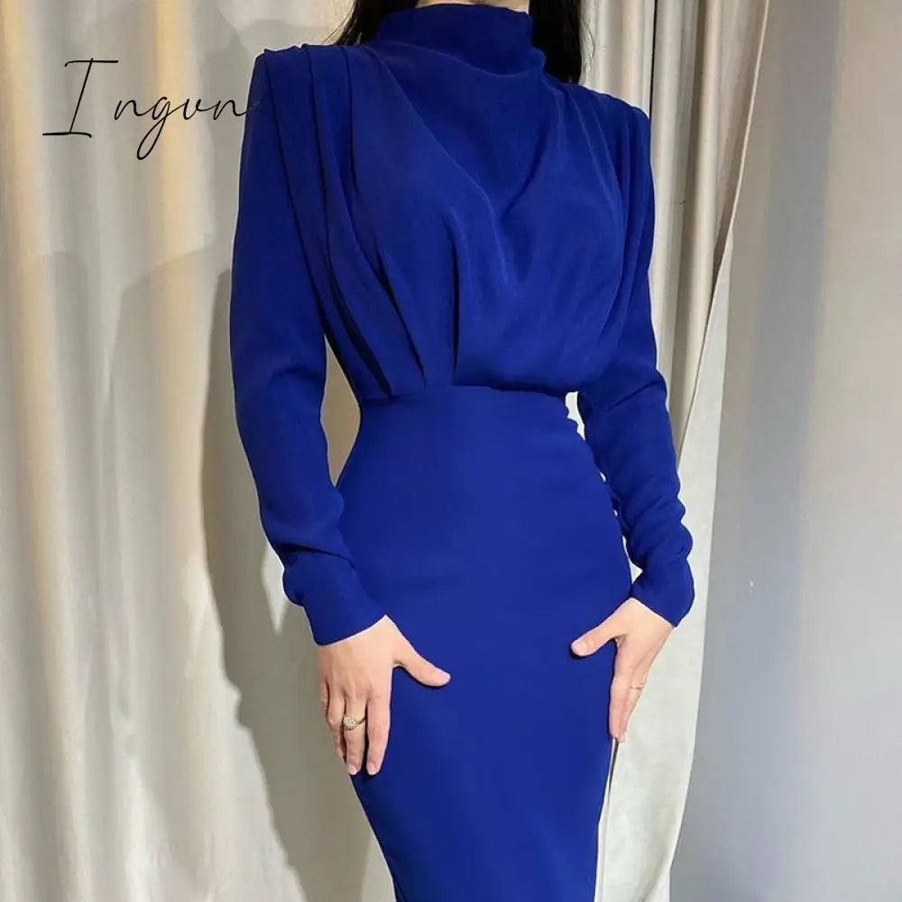 Ingvn - New Fashion Solid Party Dress Women Elegant Stand Collar Pleated Slim Long Dresses Lady Autumn Spring Casual Commute Dress