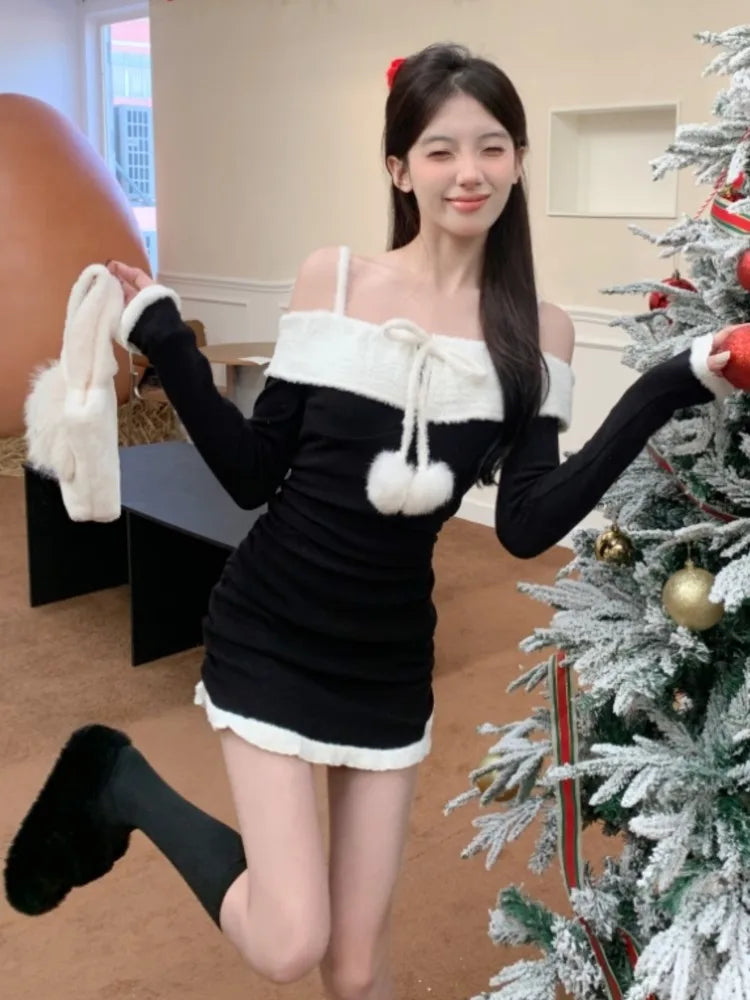 Kawaii Christmas Mini Dress Y2K Sweet Spaghetti Strap Slash Neck Birthday Party Dresses Vintage Bodycon Vestidos Female Outfits