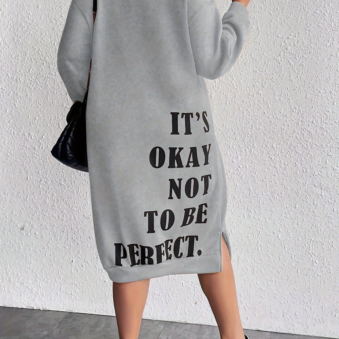 Midi Plus Size Casual Slogan Print Long Sleeve Round Neck Trapeze Sweatshirt Dress - Soft Medium Stretch Polyester Fabric, Loose Fit, Pullover Style, Machine Washable - Weekend Casual Wear for Fall Season