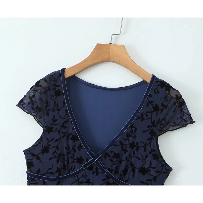 New Women Navy Blue Floral Print Mesh A-line Midi Dress High Waist V Neck Short Sleeve Summer Dresses Vintage  Robe