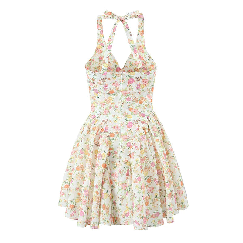 Sexy Backless Floral Print Halter Dress For Women Sleeveless Low Waist Holiday Summer Short Dress Party Robe