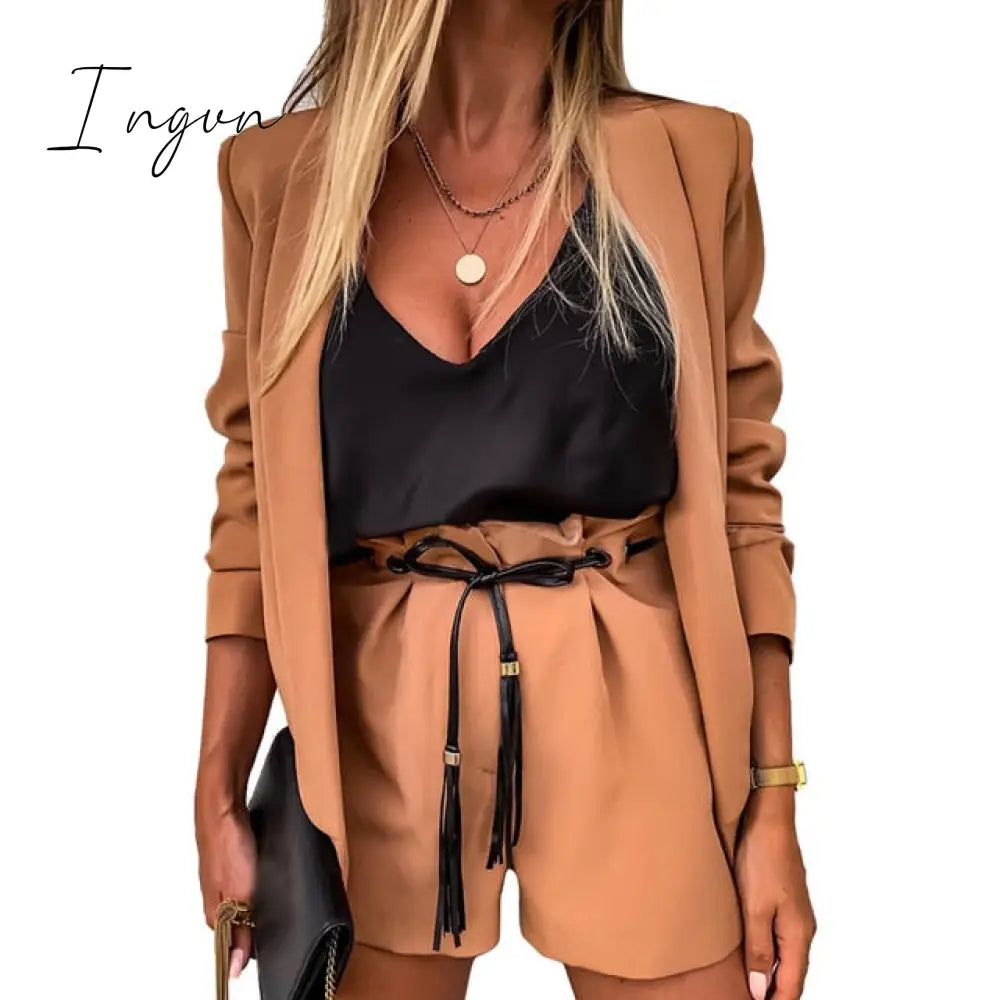 Ingvn - Women Sleeveless plaid button up elastic waist Blazer Top and pocket short Set Elegant Office Ladies Suits Women Workwear