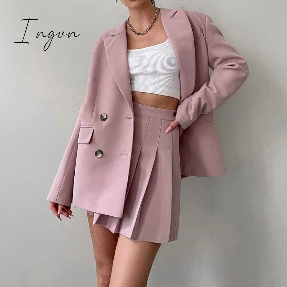 Ingvn - Suits and Pleated Skirts 2 Piece Set Women Spring Autumn Elegant Solid Outfits Sets Female Office Ladies Blazer Suit