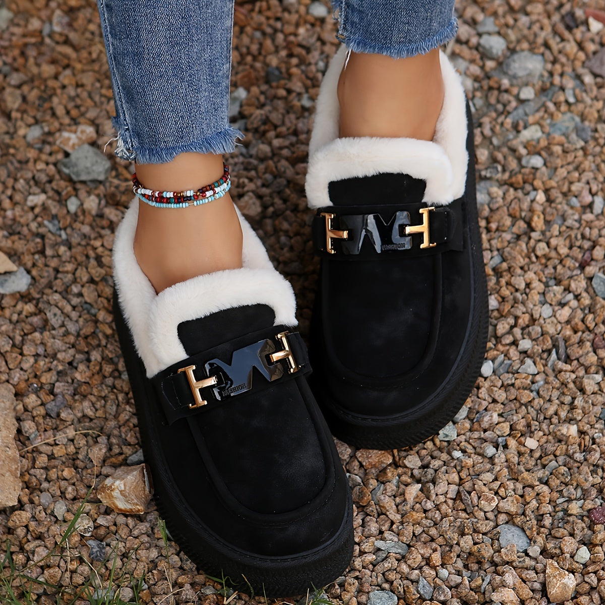 Cozy & Stylish Women's Winter Snow Boots - Plush Lined, Slip-On Loafers with Metal Buckle Detail, Warm Outdoor Footwear