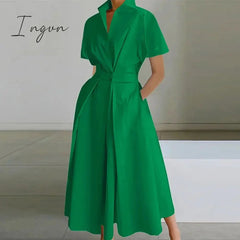 Ingvn - Vintage Abstract Print Boho Long Dress 2023 Spring Waist Buttoned Lapel Shirt Dress Women Short Sleeve A-Line Summer Beach Dress