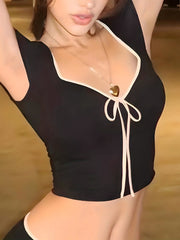 Sexy Bow Tie Cropped T-Shirt - Short Sleeve, Slim Fit, Coquette Y2K Style, Women's Clothing for Fashionistas - Perfect for Date Nights, Casual Outings, and Summer Events