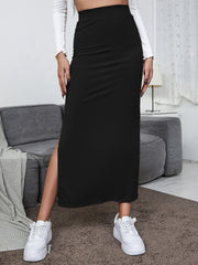 Feminine Solid High Waist Split Midi Skirt - Flattering Bodycon Pencil Silhouette, Casual Everyday Wear for Women, Chic Midi Length with Trendy Split Detail, Comfortable High Waist Design