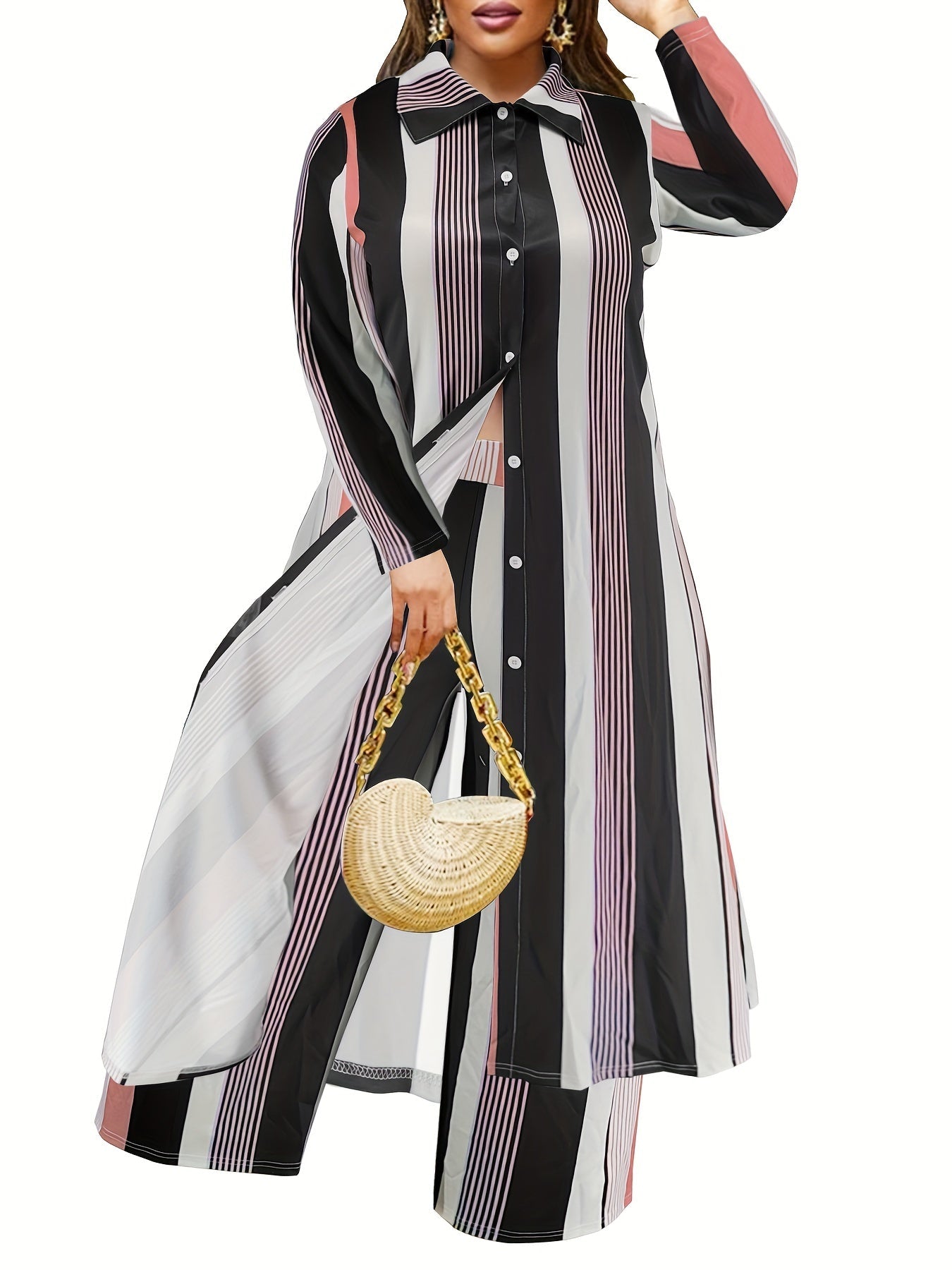 Plus Size Fashionable Outfits Set, Women's Plus Striped Button Up Long Sleeve Shirt Dress & Wide Leg Pants Outfits Two Piece Set