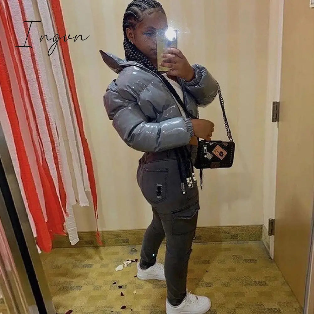 Ingvn - Bubble Coat Women's 5 Colors Fashion Long Sleeve Solid Zipper Cropped Puffer Jacket Thick Lady Winter Casual Warm Outfits S-2XL
